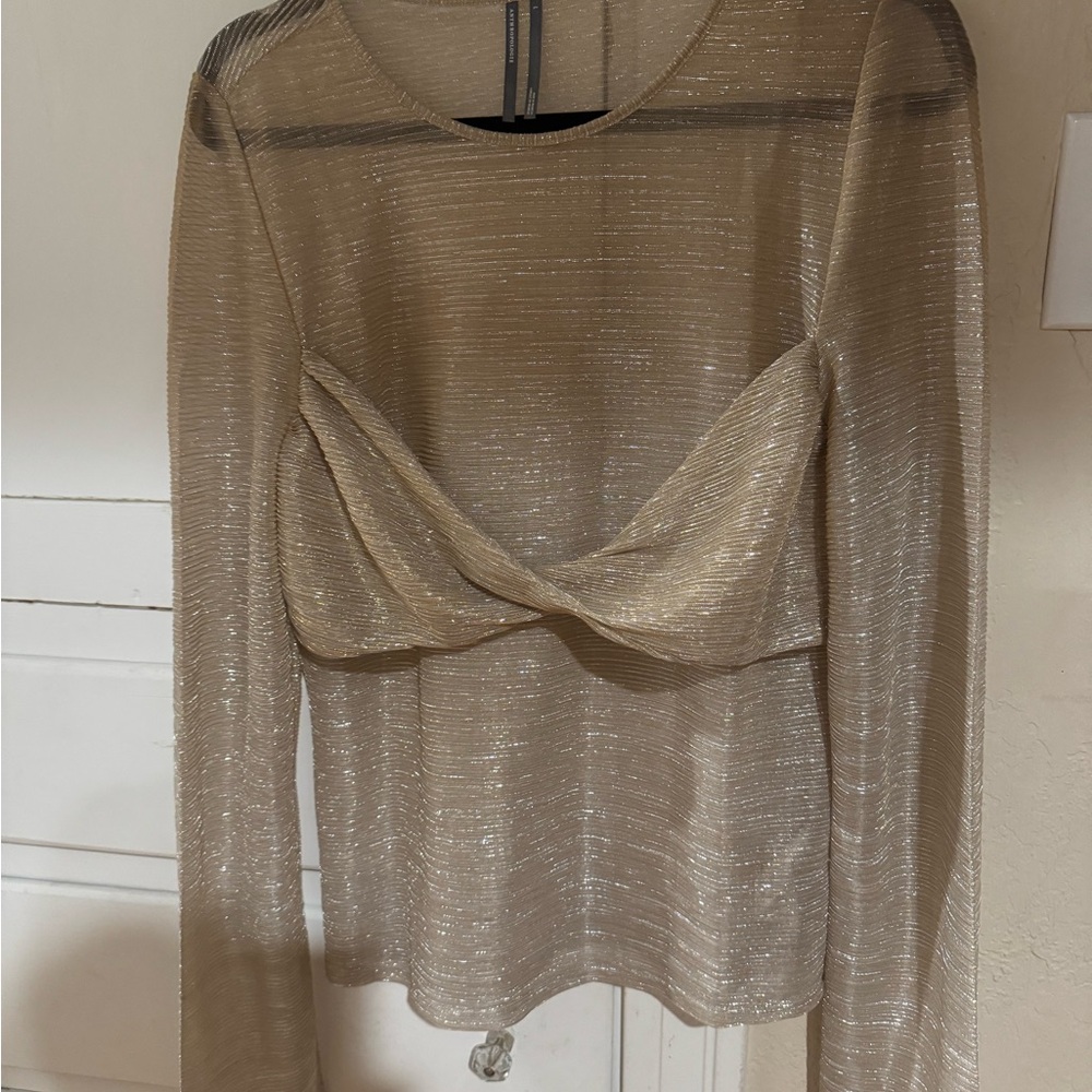 Anthropologie Tan Sheer Tie Front Blouse